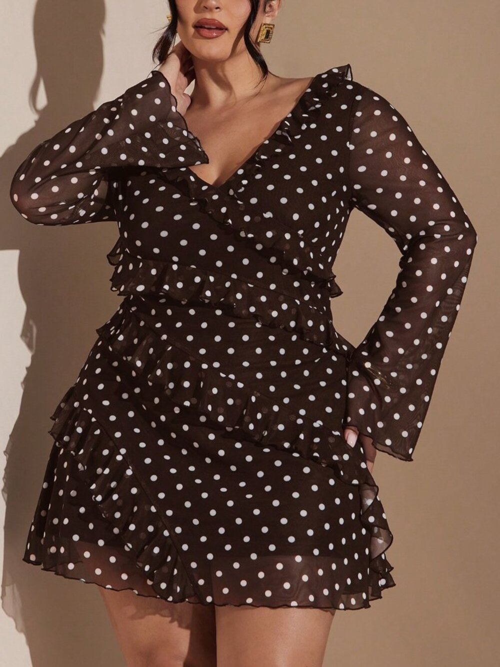 Brown Casual Women's Polka Dot Ruffle V-Neck High Waist Mini Dress
